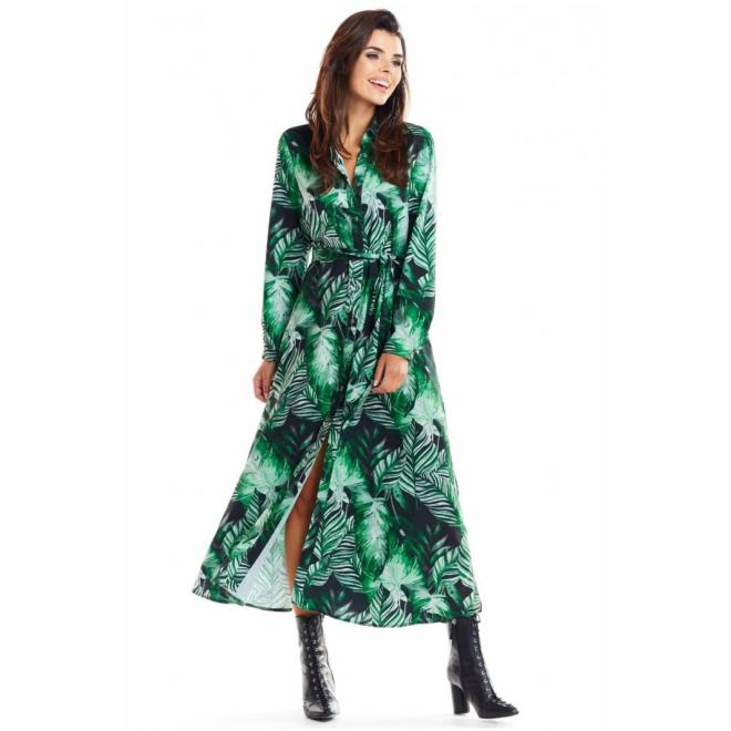 Maxi dámske šaty zelenej farby s motívom listov