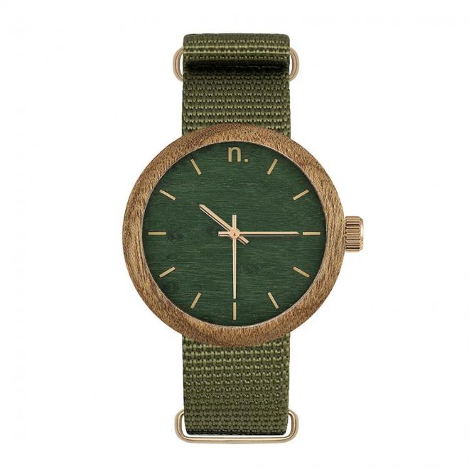 Drevené dámske hodinky zelenej farby s textilným remienkom
