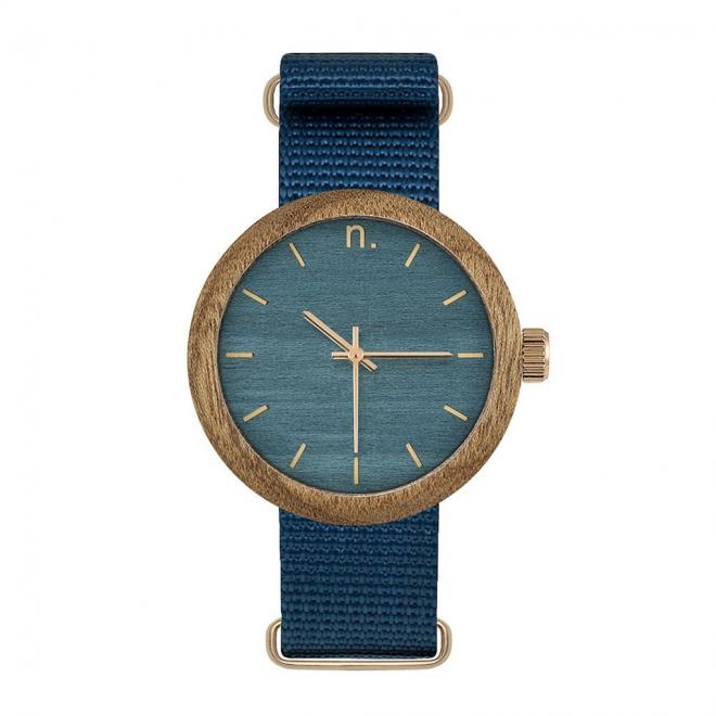Modré drevené hodinky s textilným remienkom pre dámy