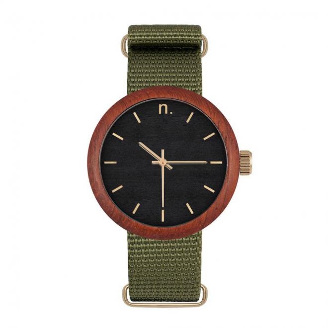 Drevené dámske hodinky zeleno-čiernej farby s textilným remienkom