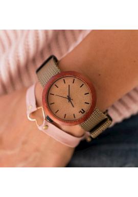 Dámske drevené hodinky s textilným remienkom v béžovo-fialovej farbe