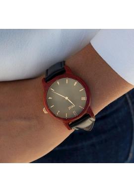 Čierne drevené hodinky s koženým remienkom pre dámy