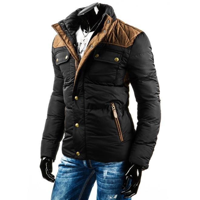 Zimná pánska bunda čiernej farby s hnedými aplikáciami