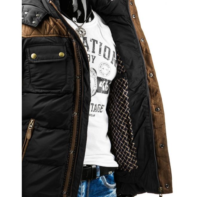 Zimná pánska bunda čiernej farby s hnedými aplikáciami