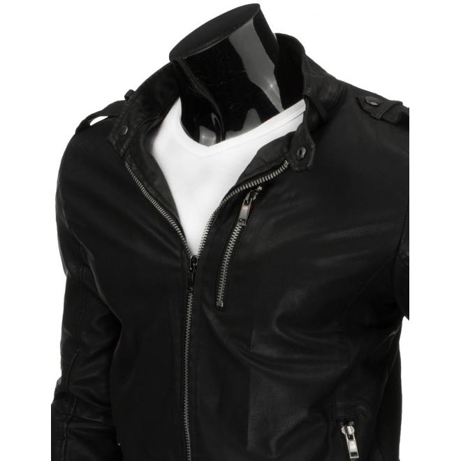 Pánska čierna kožená bunda so zipsom pri rukávoch