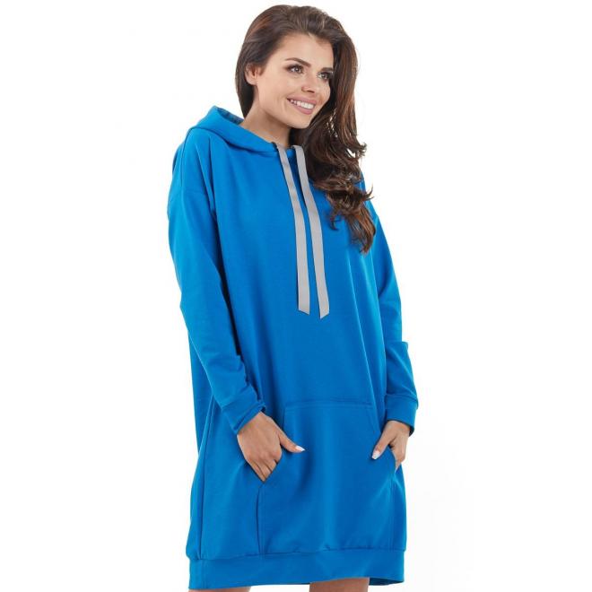 Modré mikinové šaty s kapucňou pre dámy