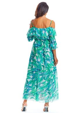 Maxi dámske šaty zelenej farby s motívom listov