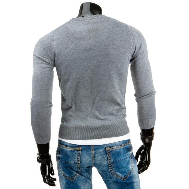 Sivý pásikavý sveter s výstrihom V pre pánov