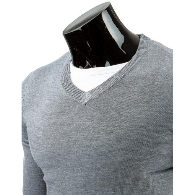 Sivý pásikavý sveter s výstrihom V pre pánov
