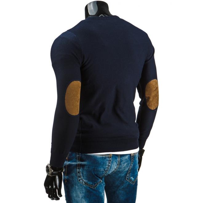 Pánsky tmavomodrý sveter so záplatami na lakťoch a výstrihom V