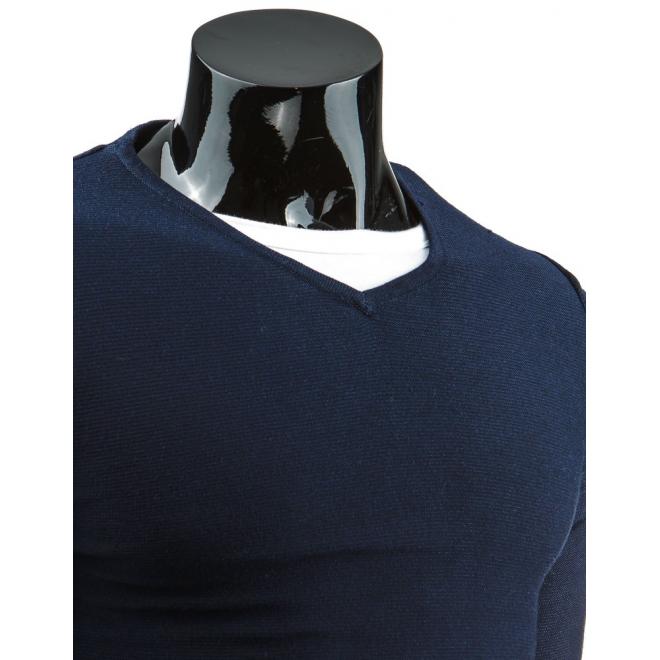 Pánsky tmavomodrý sveter so záplatami na lakťoch a výstrihom V
