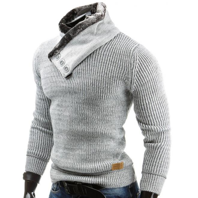 Pánsky teplý sveter bielej farby so zaujímavým golierom