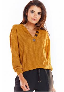 Dámsky pohodlný sveter s ozdobnými gombíkmi v ťavej farbe
