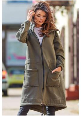 Dámska teplá dlhá mikina s kapucňou v kaki farbe