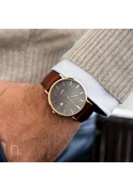 Pánske štýlové hodinky s koženým remienkom v hnedo-sivej farbe