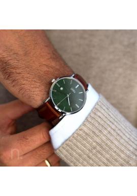 Hnedo-zelené štýlové hodinky s koženým remienkom pre pánov