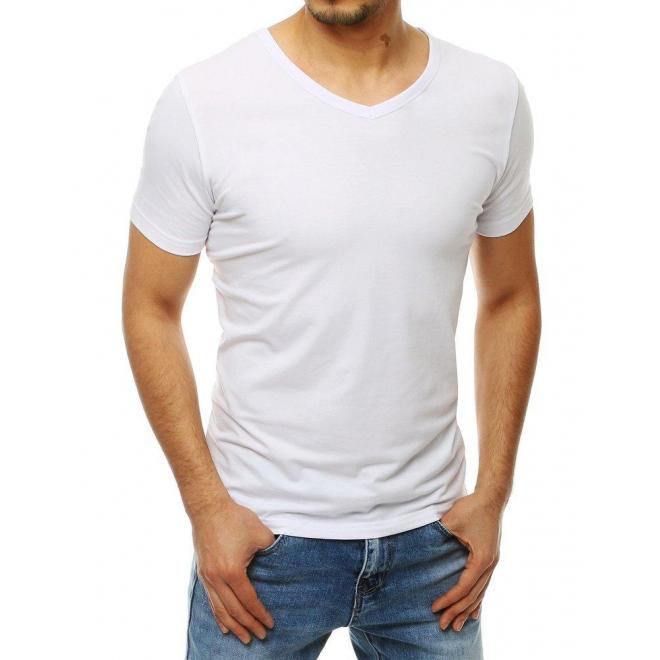 Biele hladké tričko s výstrihom v tvare V pre pánov