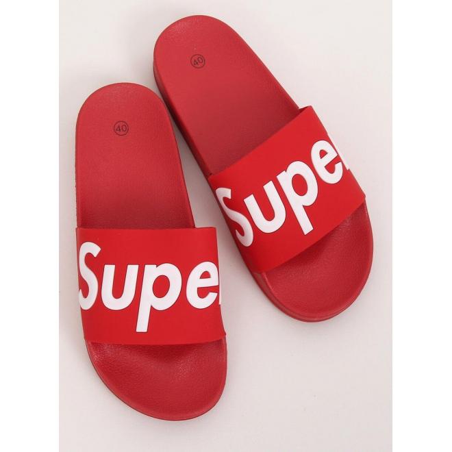 Červené gumené šľapky s nápisom SUPER pre dámy