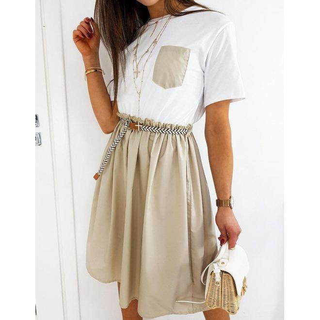 Béžovo-biele módne šaty s rozšírenou sukňou pre dámy