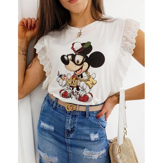 Dámske štýlové tričko s potlačou Mickey v bielej farbe
