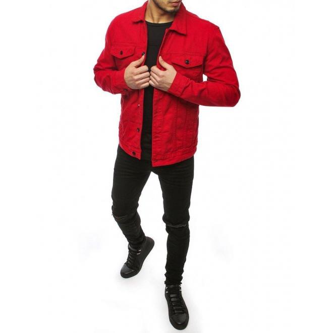 Červená rifľová bunda s potlačou na chrbte pre pánov