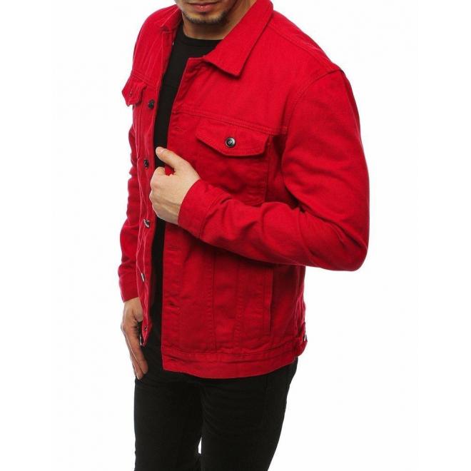 Červená rifľová bunda s potlačou na chrbte pre pánov