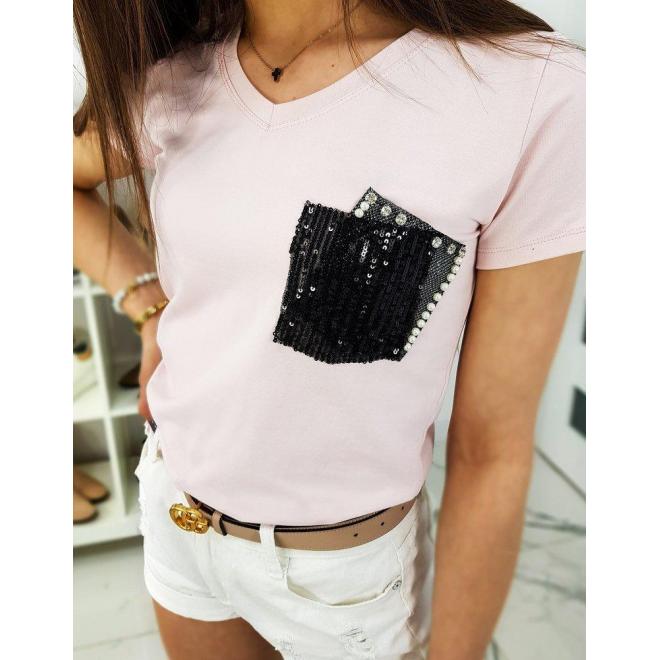 Dámske módne tričko s ozdobným vreckom v ružovej farbe
