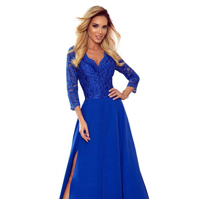 Dámske dlhé šaty s čipkou v modrej farbe