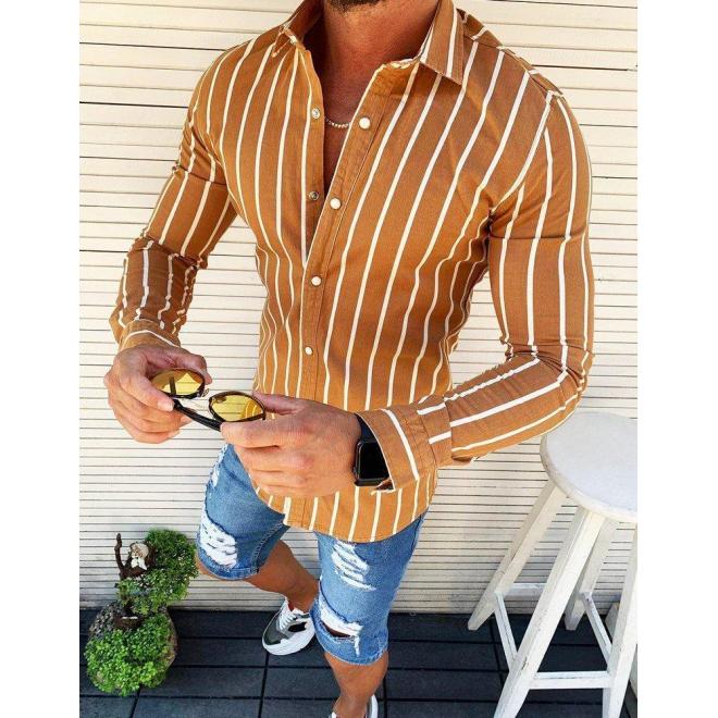 Pánska pásikavá košeľa s dlhým rukávom v hnedej farbe