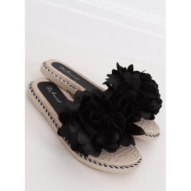 Dámske módne šľapky s kvetinovou aplikáciou v čiernej farbe