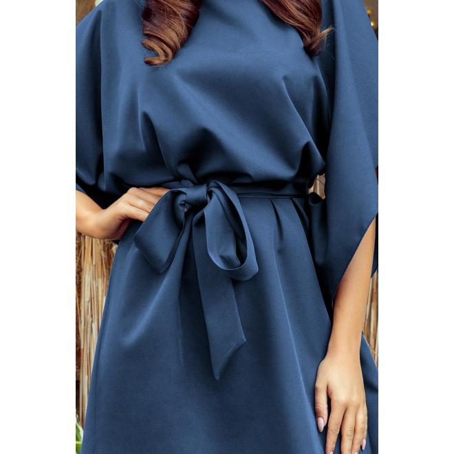 Módne dámske šaty modrej farby s opaskom