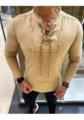 Hnedá módna košeľa so šnurovacím výstrihom pre pánov