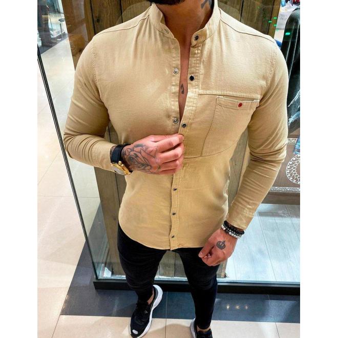 Pánska štýlová košeľa s dlhým rukávom v béžovej farbe
