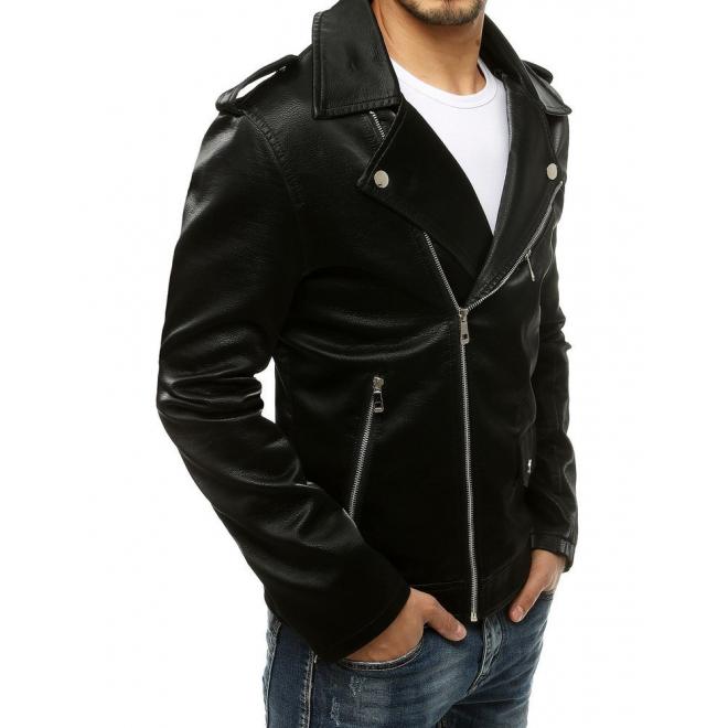 Pánska kožená bunda s asymetrickým zipsom v čiernej farbe