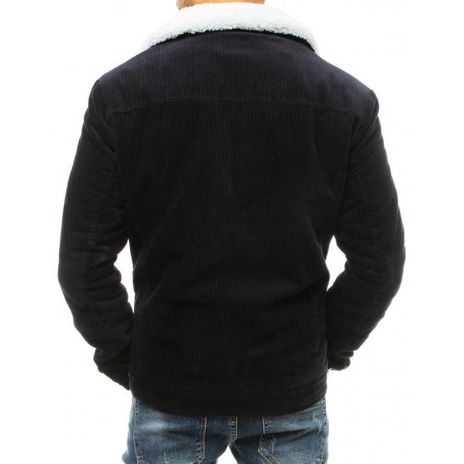 Menčestrová pánska bunda čiernej farby s kožušinovým golierom
