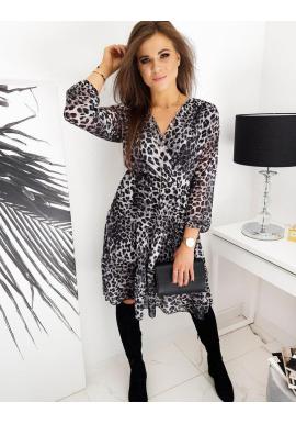 Módne dámske šaty sivej farby s leopardím vzorom