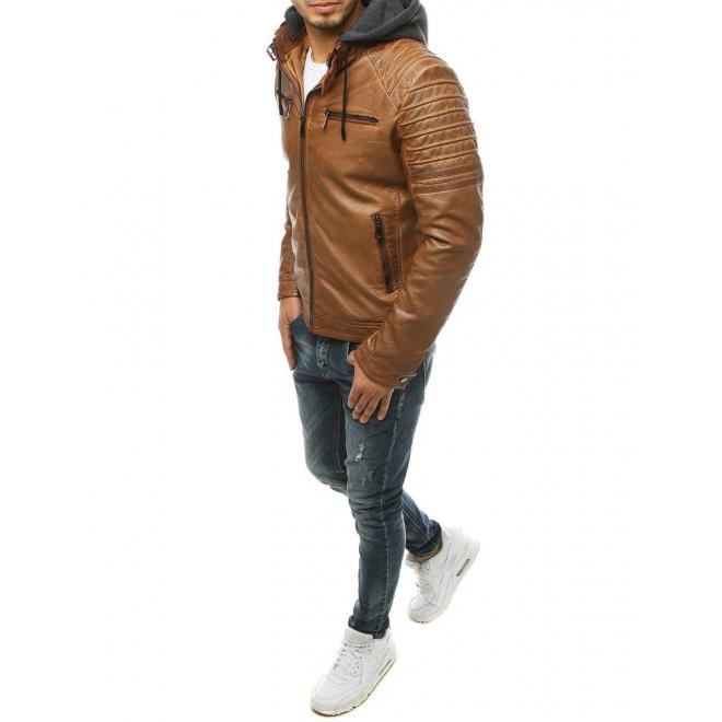 Pánska kožená bunda s odopínacou kapucňou v hnedej farbe