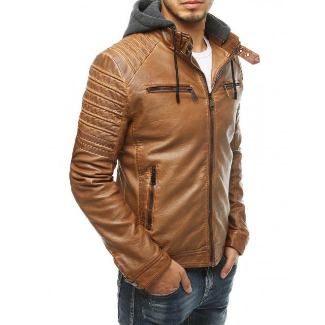 Pánska kožená bunda s odopínacou kapucňou v hnedej farbe