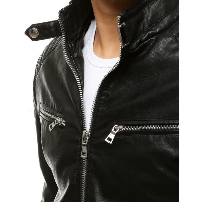 Pánska kožená bunda s prešívaním v čiernej farbe