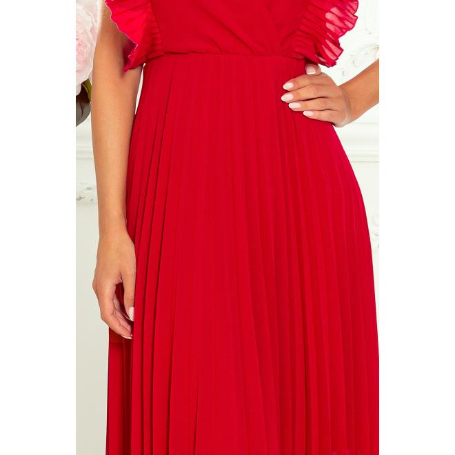 Červené plisované šaty s volánmi pre dámy