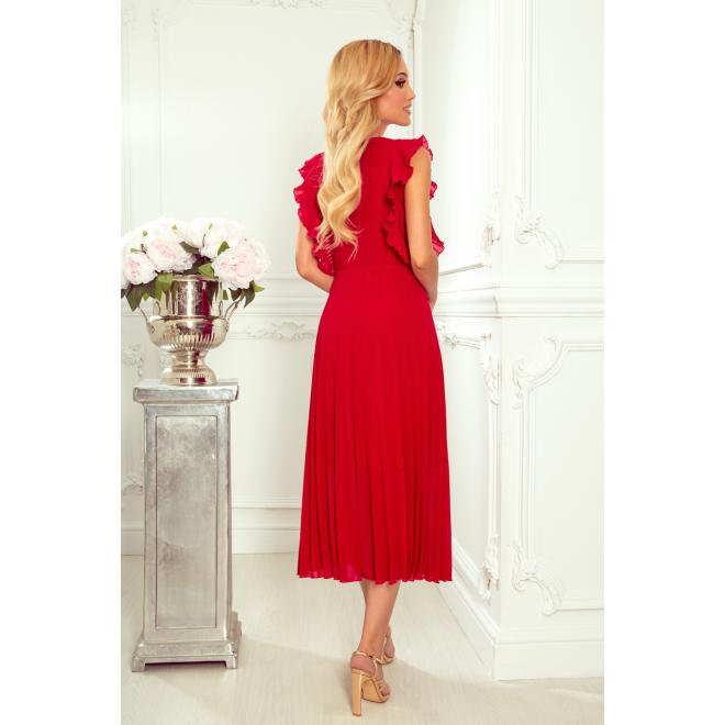 Červené plisované šaty s volánmi pre dámy