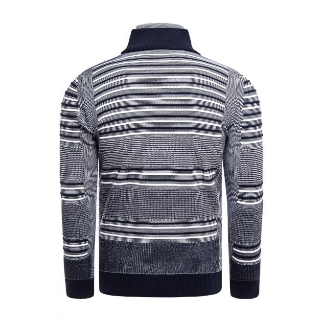 Tmavomodrý pásikavý sveter so zapínaným rolákom pre pánov