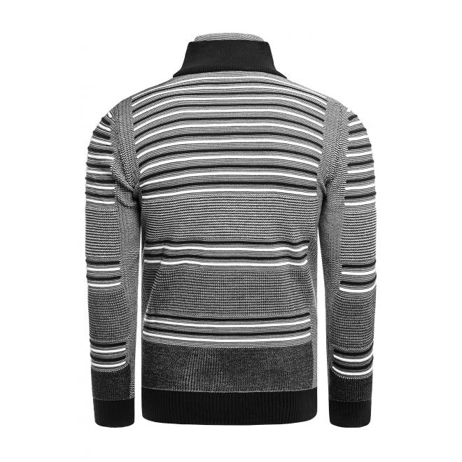 Pásikavý pánsky sveter čiernej farby so zapínaným rolákom