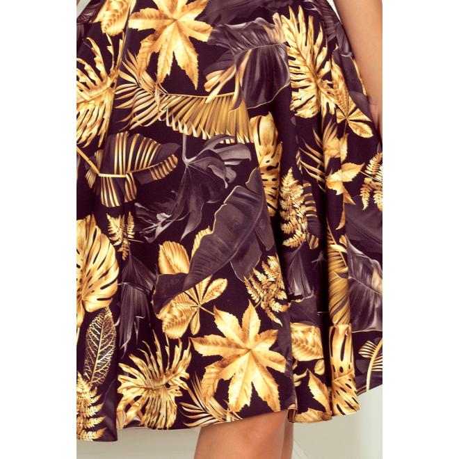 Dámske rozšírené šaty s listami v čierno-žltej farbe