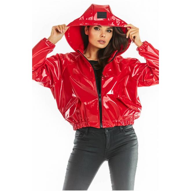 Červená vinylová krátka bunda s kapucňou pre dámy
