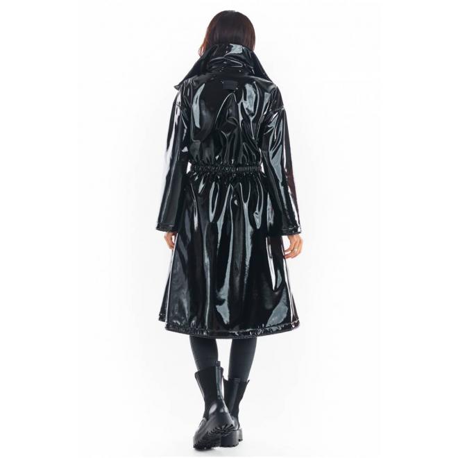 Čierna dlhá vinylová bunda s vysokým golierom pre dámy