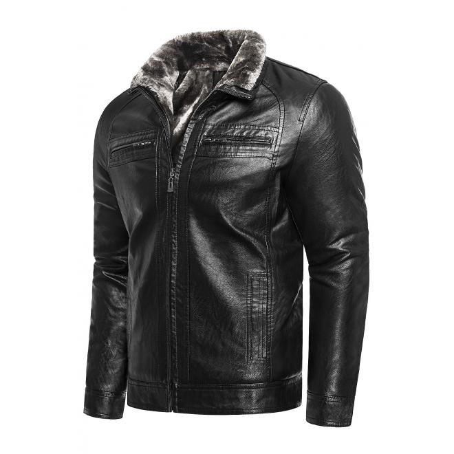 Pánska oteplená kožená bunda na zimu v čiernej farbe