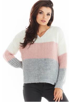 Ružový módny sveter s véčkovým výstrihom pre dámy