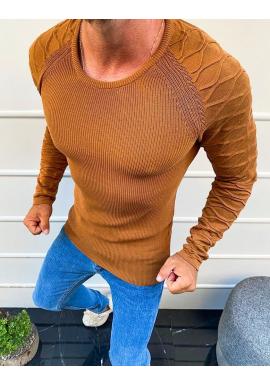 Módny pánsky sveter hnedej farby so zdobenými rukávmi