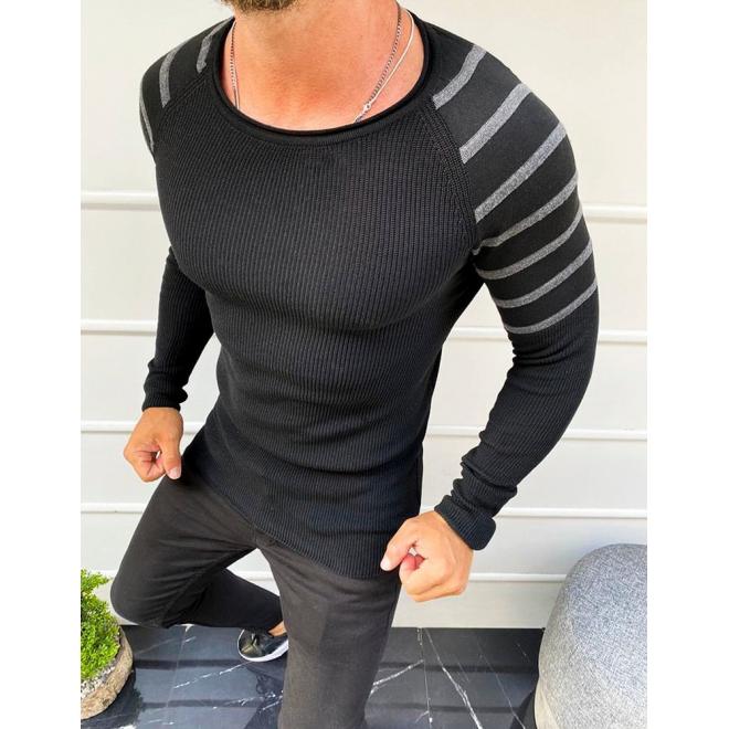 Čierny štýlový sveter s pruhovanými rukávmi pre pánov
